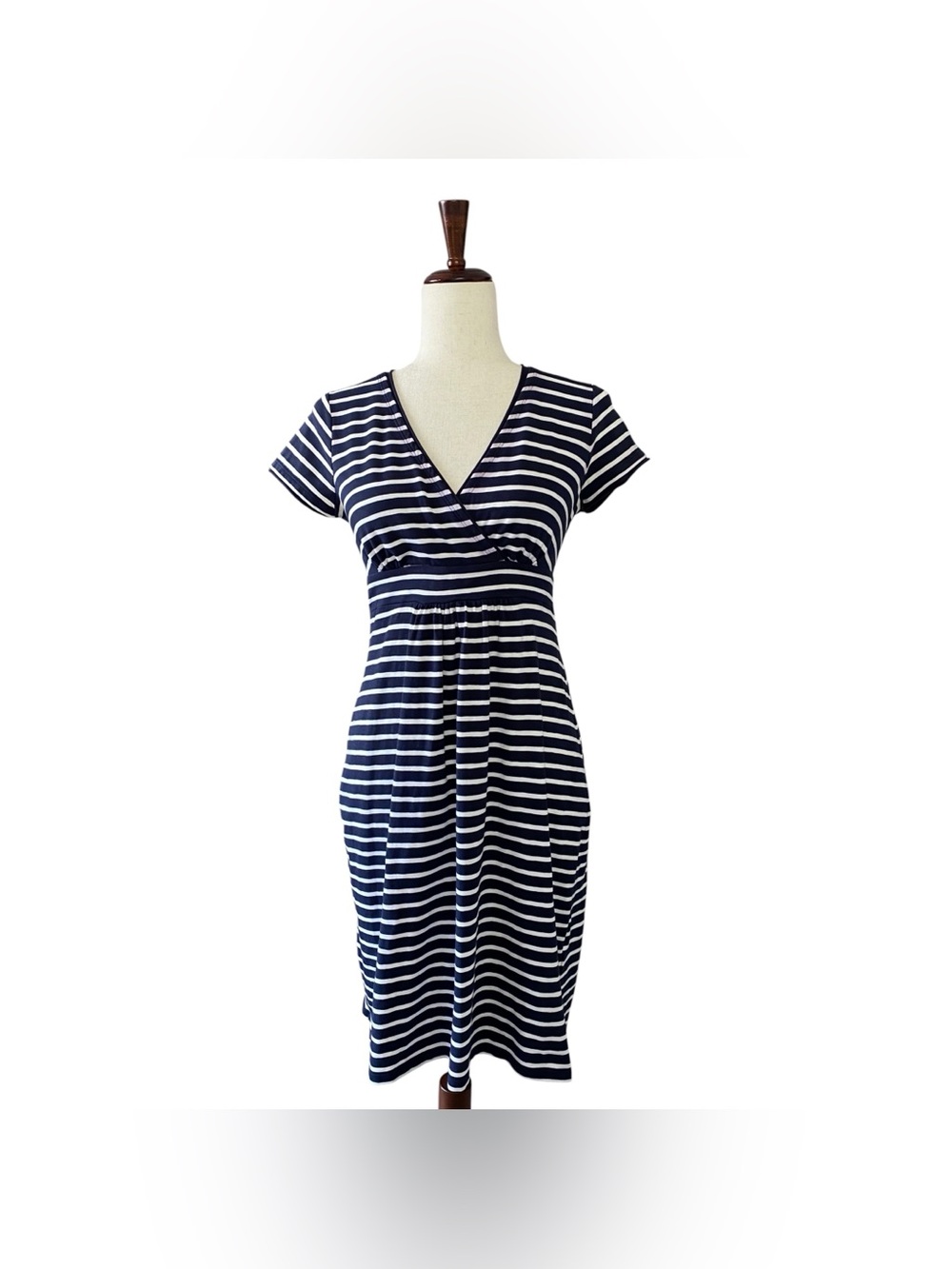 Boden Lola Cotton Striped Surplice V-Neck Dress Size 4 Petite Navy White